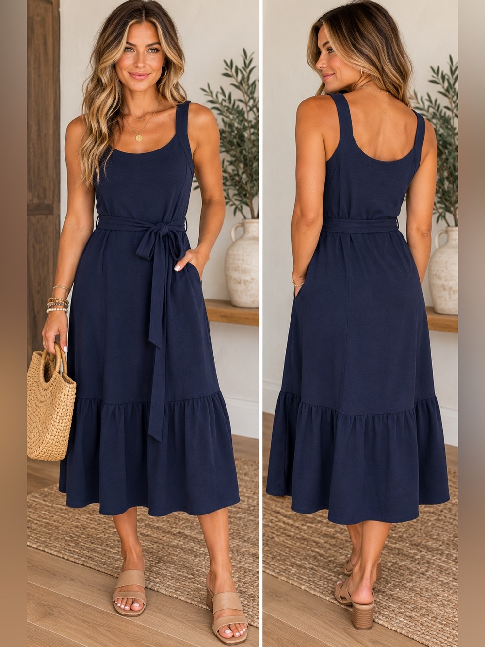 NWT Tribal Midi Tank Dress with Waist Tie in Navy Size Petite Small